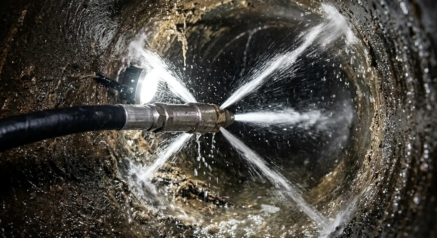 High-pressure hydro jetting nozzle cleaning sewer pipe for Sewer Cleanout in York