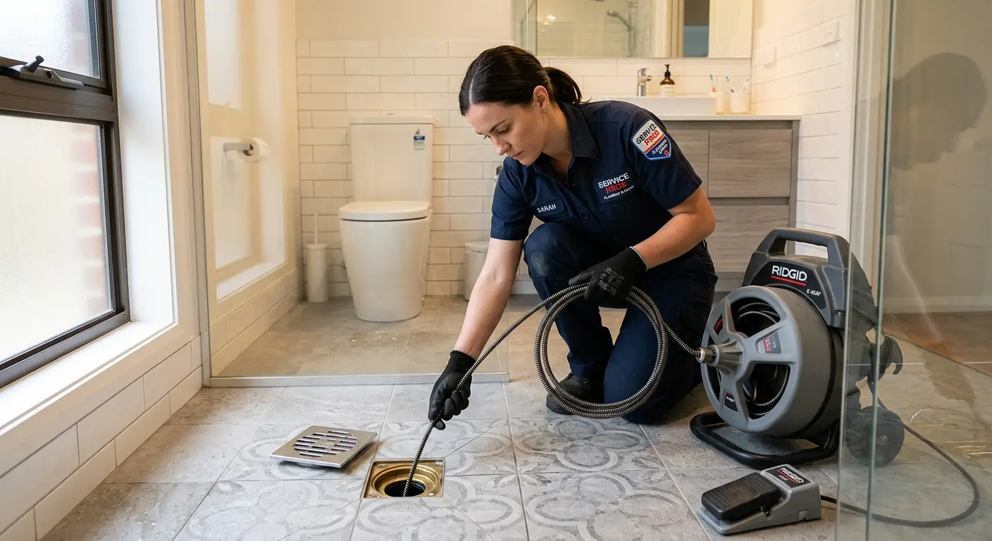 Technician clearing a bathroom floor drain for Hydro Jetting in York